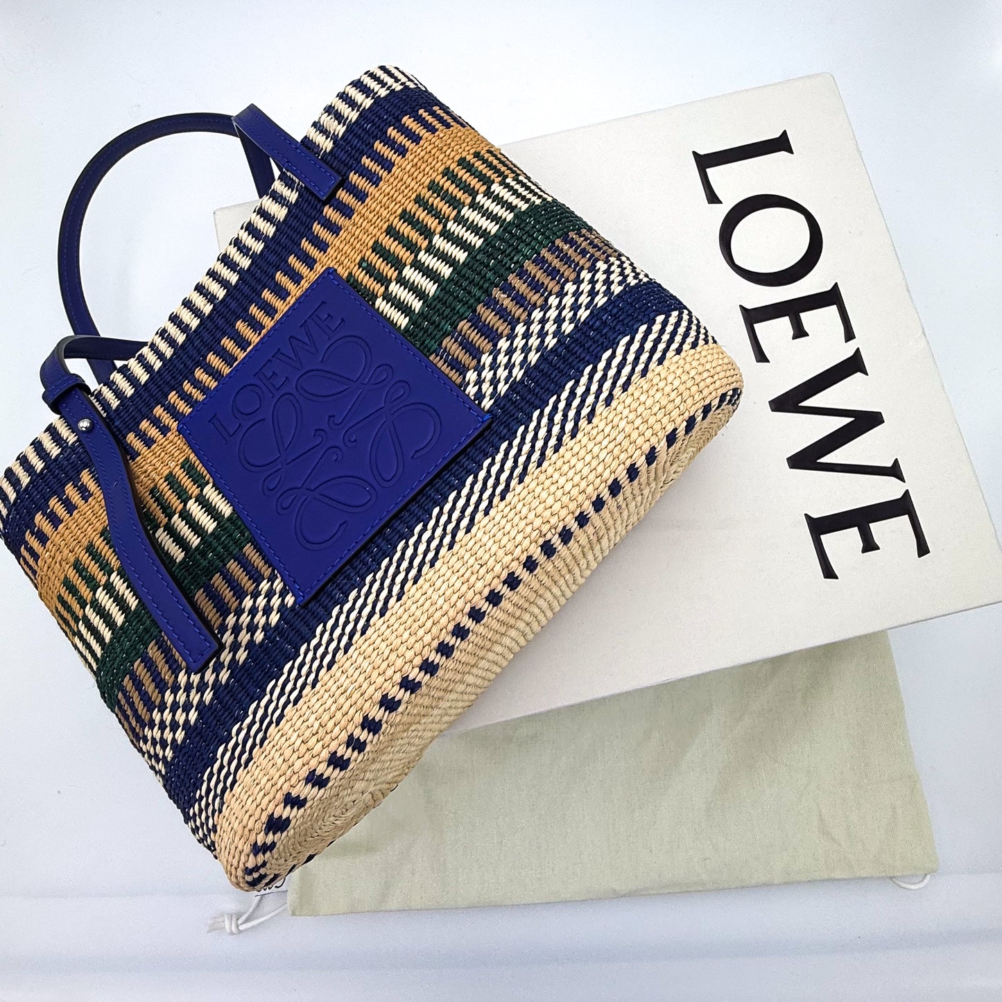 Loewe x Paula's Ibiza Square Basket Bag in striped raffia with cobalt blue leather handles - full set with box and dustbag