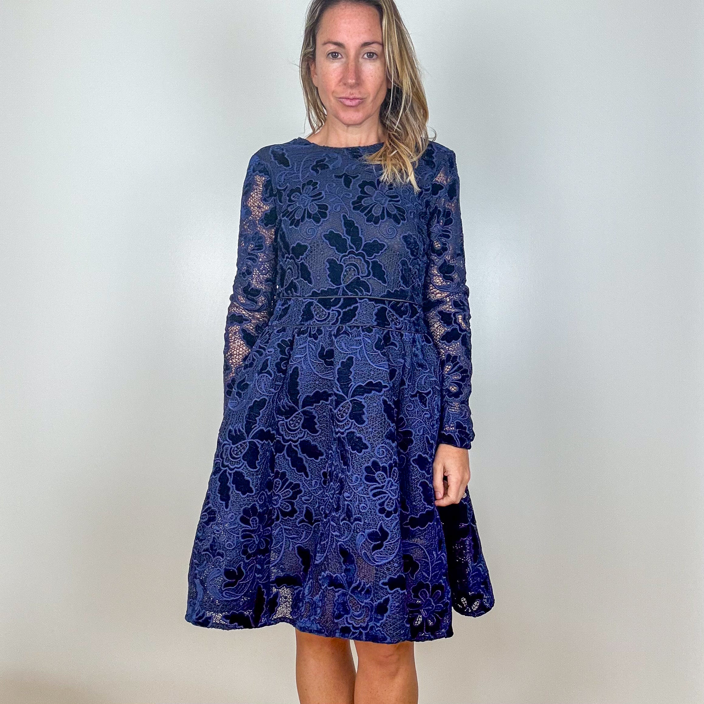 Maje Navy Velvet Floral Lace Dress - Size 8 Luxury Resale Concierge Maje Navy Velvet Floral Lace Dress - Size 8 Luxury Resale Concierge