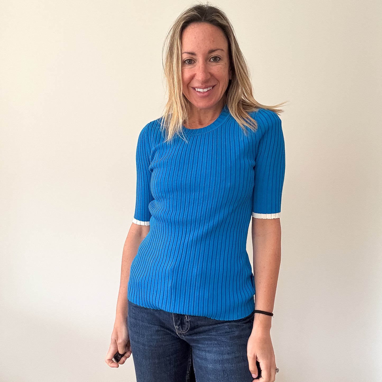 ME+EM Electric Blue Ribbed Knit Short Sleeve Top - Size S