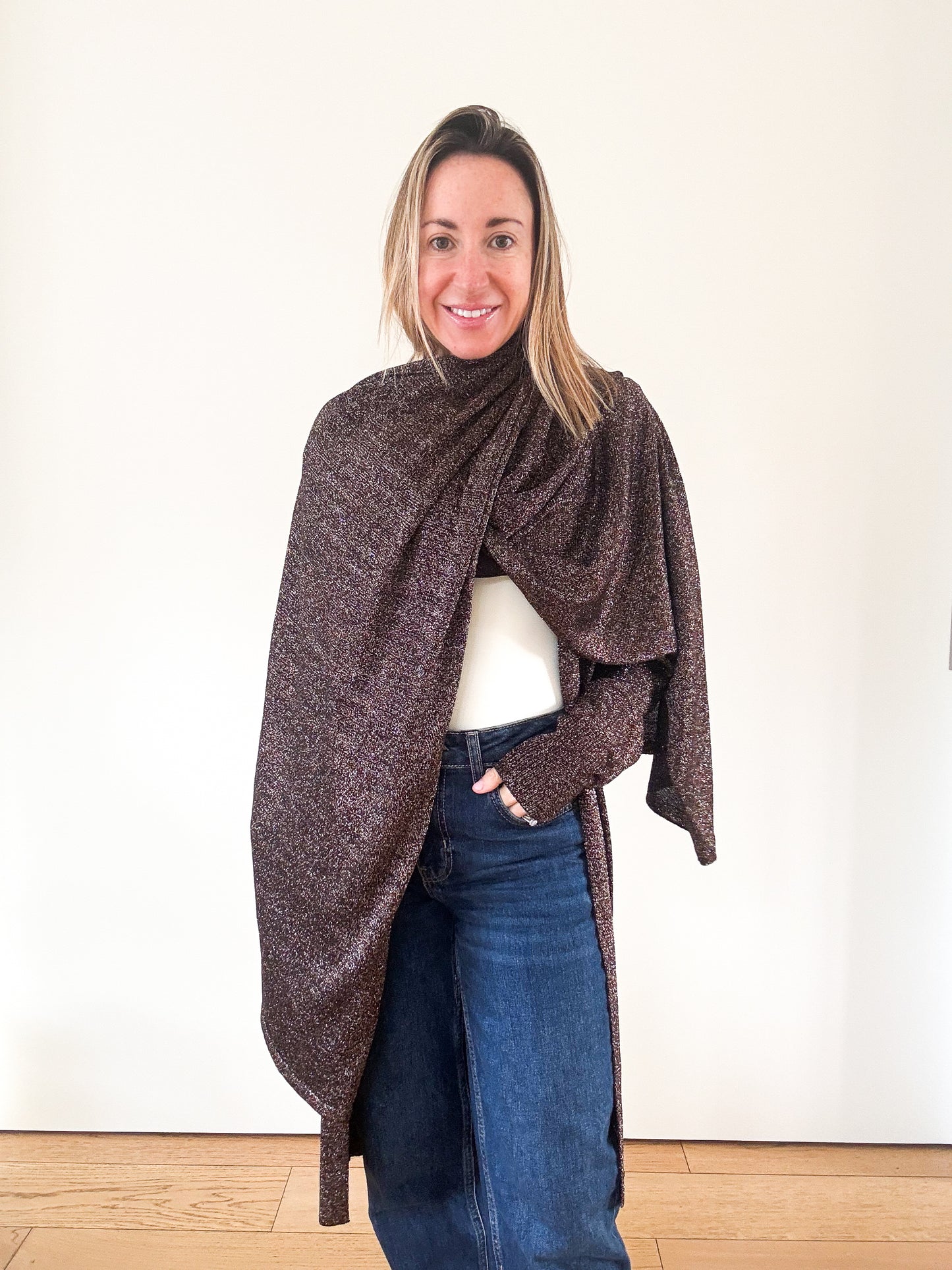 Missoni metallic bronze cardigan, side profile draped view