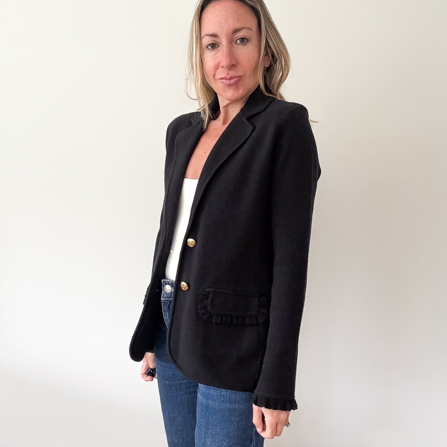 Ralph Lauren Black Ruffle Trim Knit Blazer - Size S