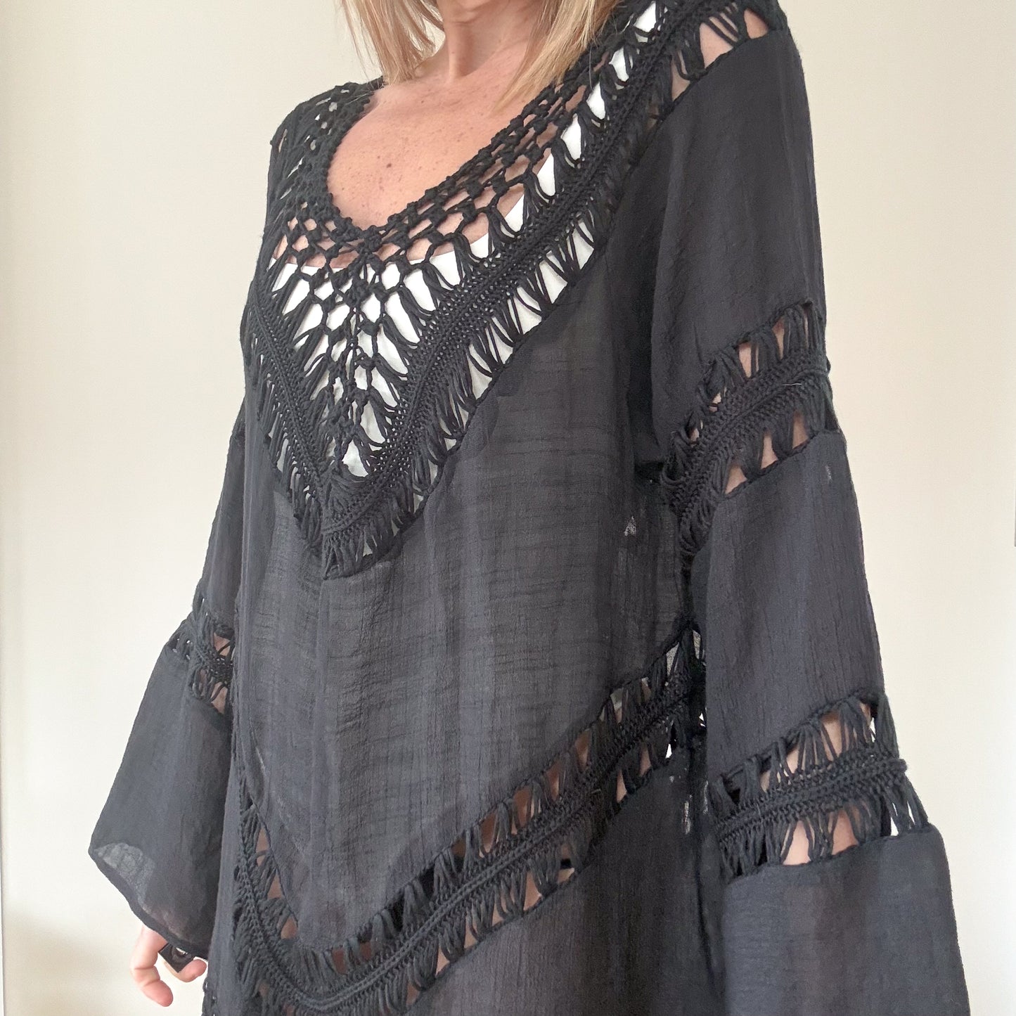 Rino & Pelle Black Crochet Detail Beach Cover-Up - Size XL