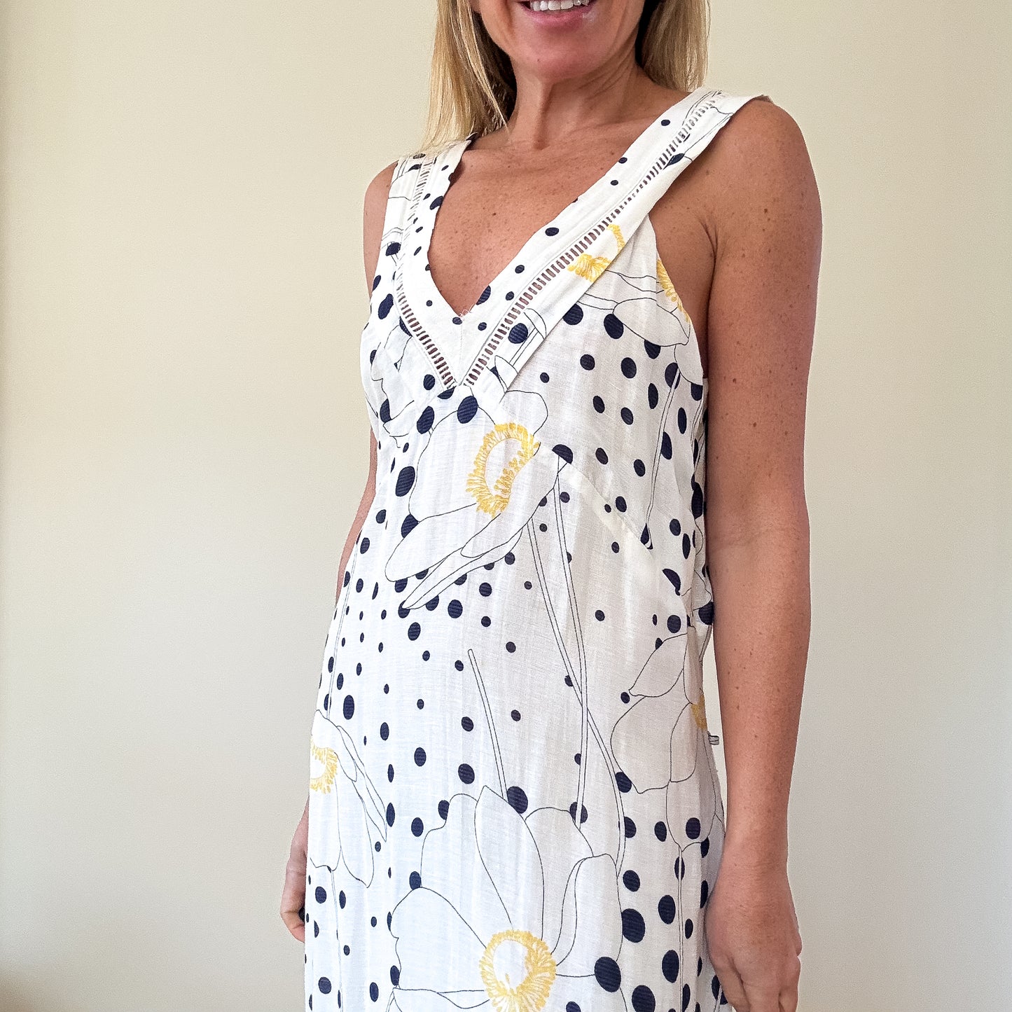 See By Chloé White Floral & Polka Dot Linen Blend Maxi Dress - Size 8