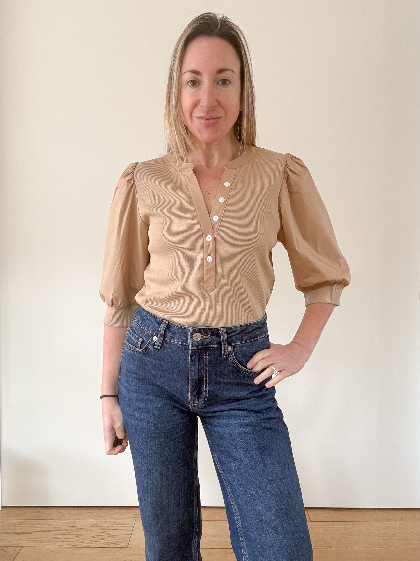 Veronica Beard Coralee Camel Ribbed Knit Top with Puff Sleeves - Size M