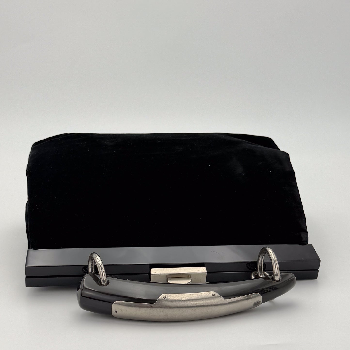 YSL Mombasa black velvet handbag top view with silver hardware detail