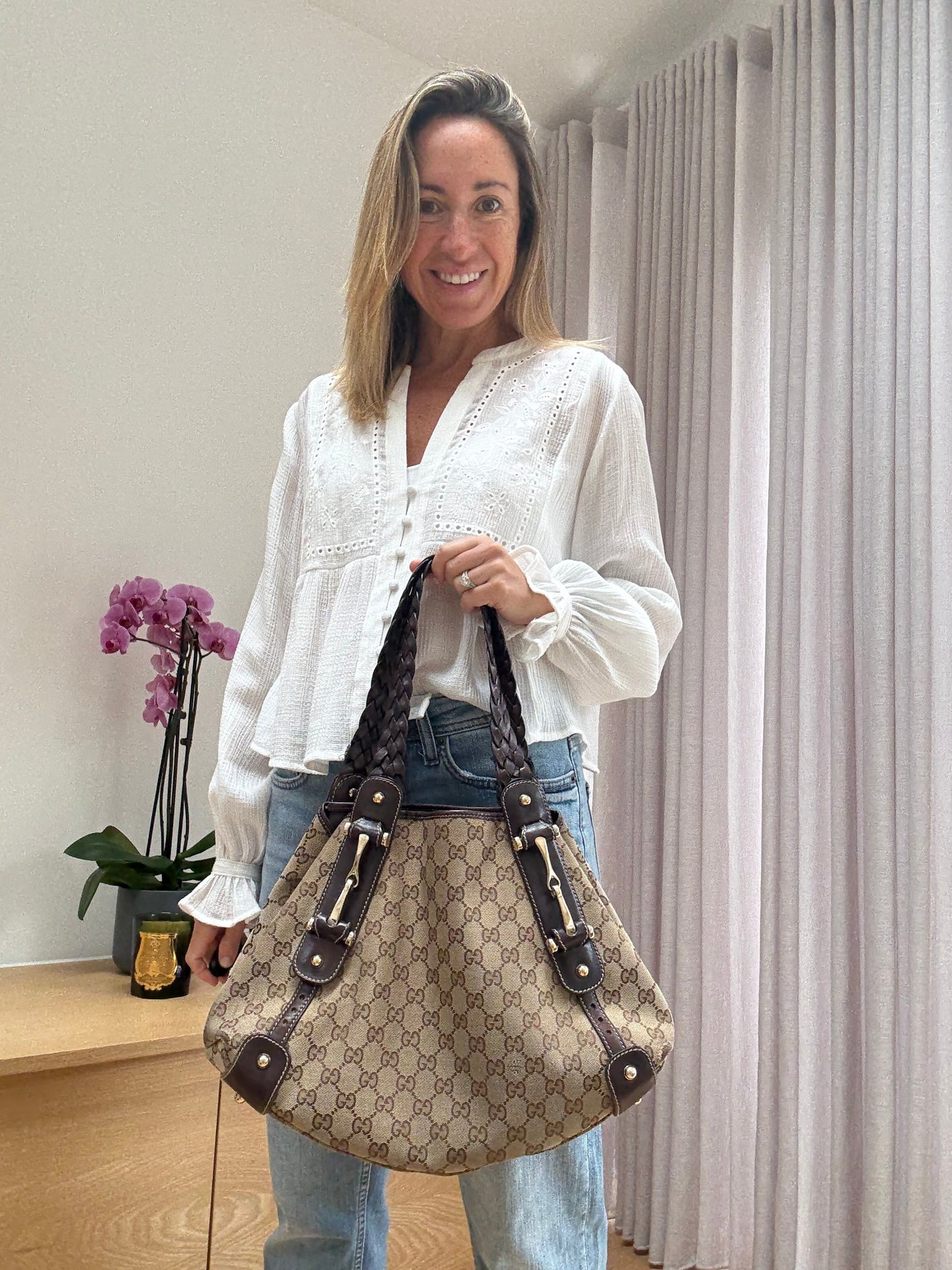 Gucci Hobo Horsebit Shoulder Bag in GG Supreme Canvas