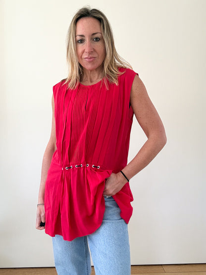 3.1 Phillip Lim Red Silk Pleated Blouse - Size 14