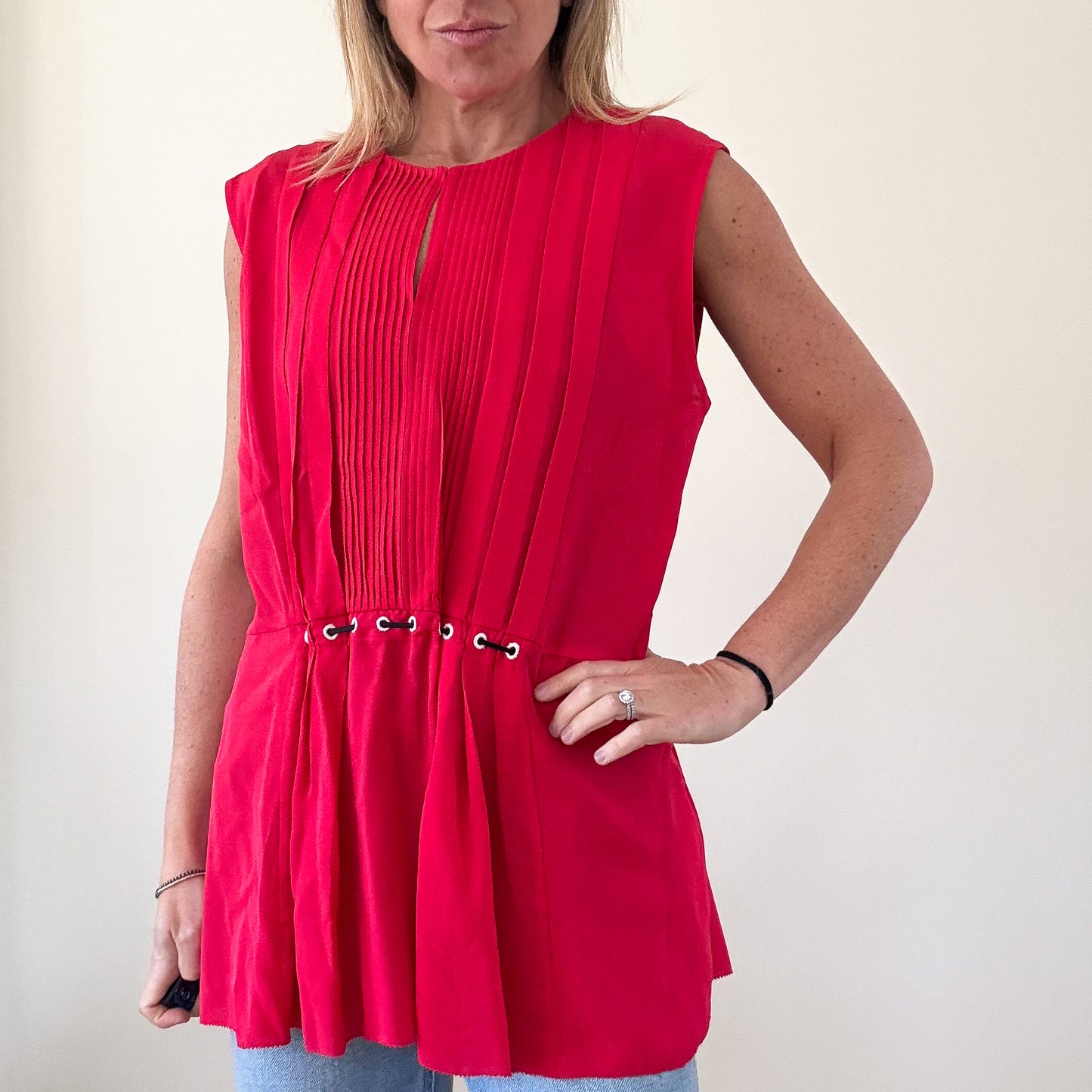 3.1 Phillip Lim Red Silk Pleated Blouse - Size 14
