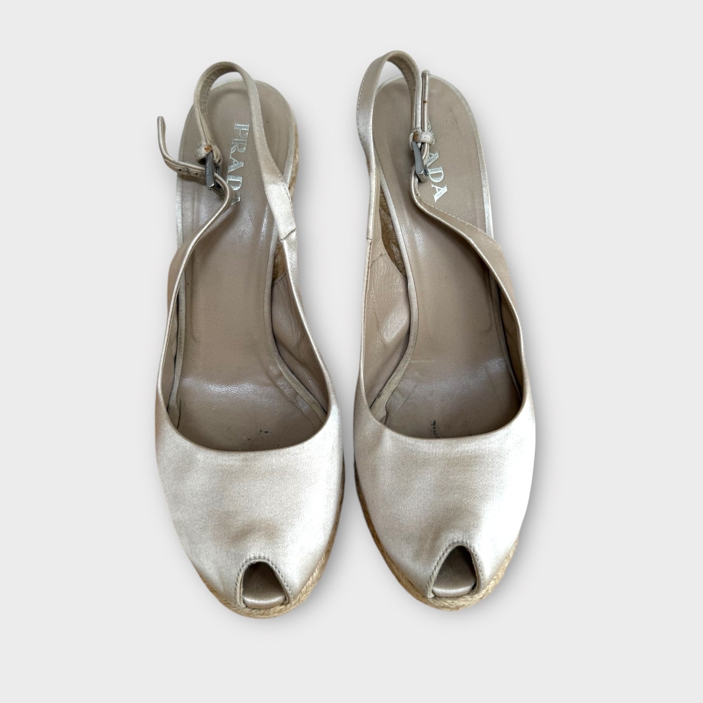 Prada Nude Satin Peep Toe Espadrille Sandal Shoe - Size 40