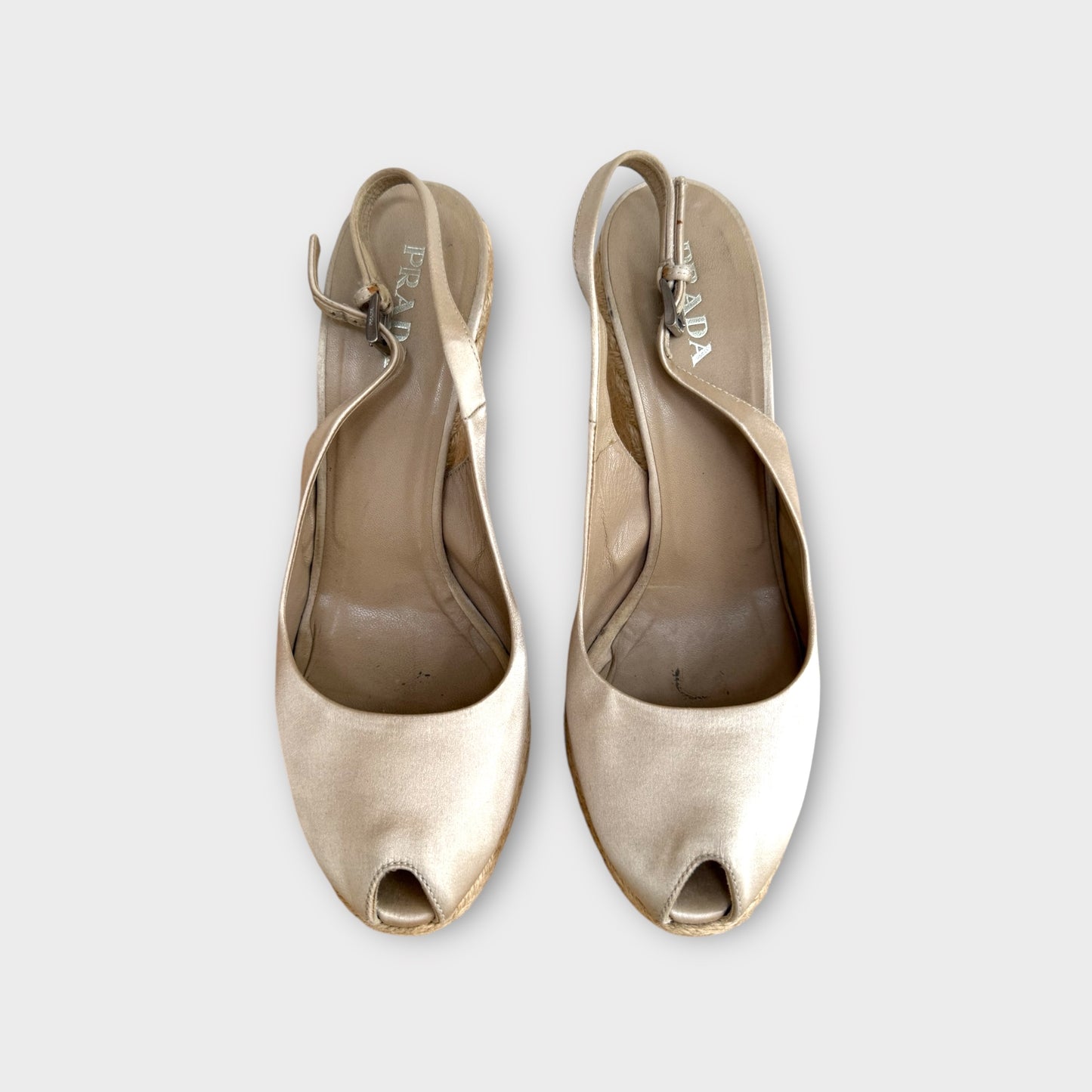 Prada Nude Satin Peep Toe Espadrille Sandal Shoe - Size 40