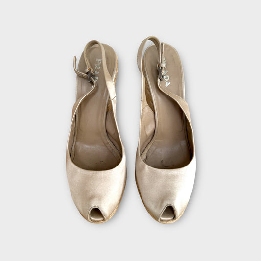 Prada Nude Satin Peep Toe Espadrille Sandal Shoe - Size 40