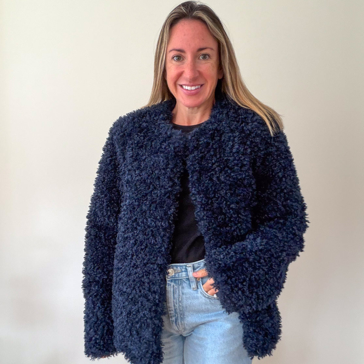 Aligne Francie navy jacket worn, front view