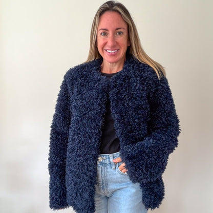 Aligne Francie navy jacket worn, front view