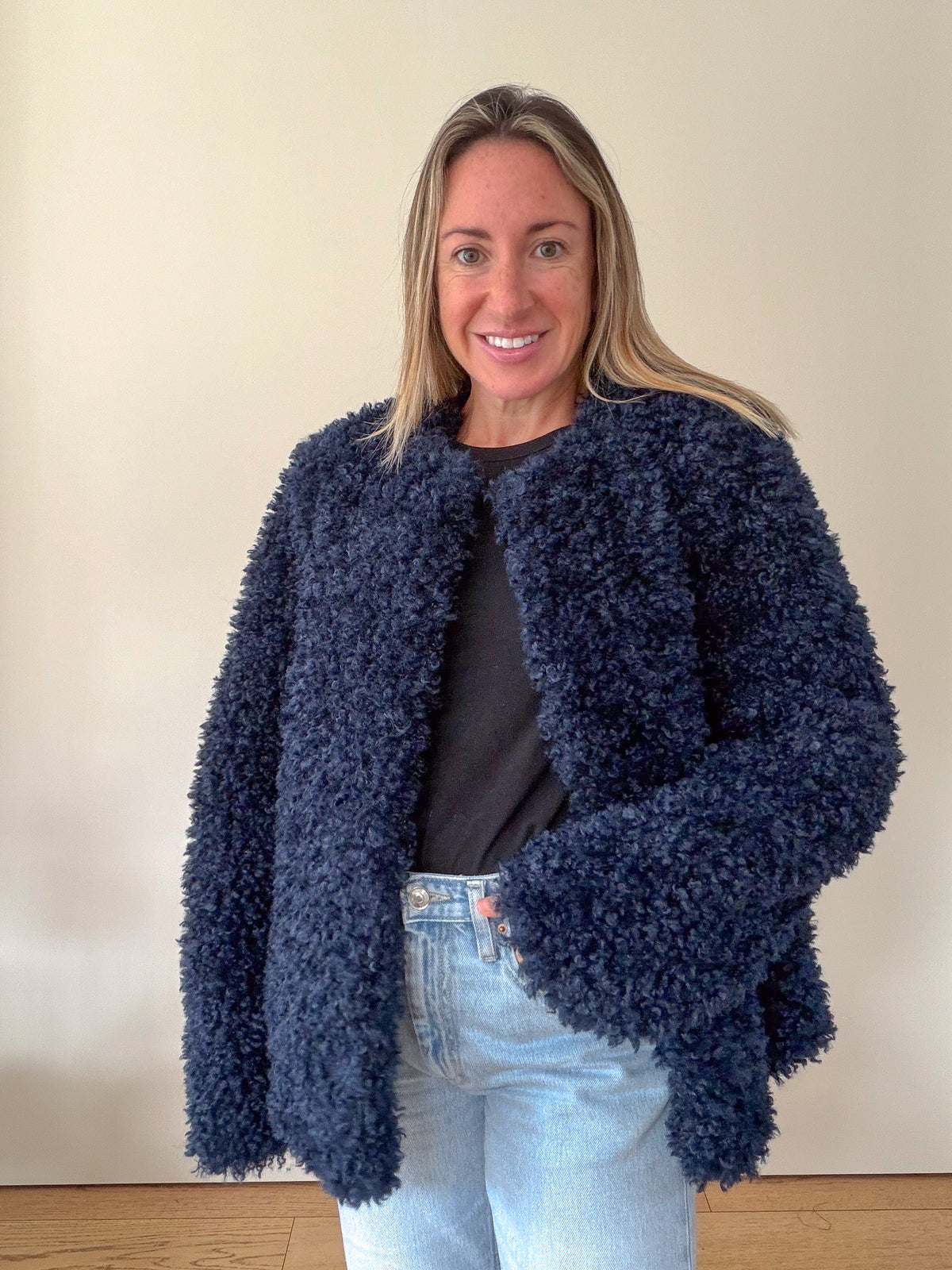 Aligne Francie navy jacket worn, styled