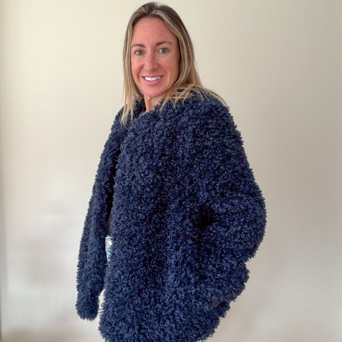Aligne Francie navy jacket worn, side angle