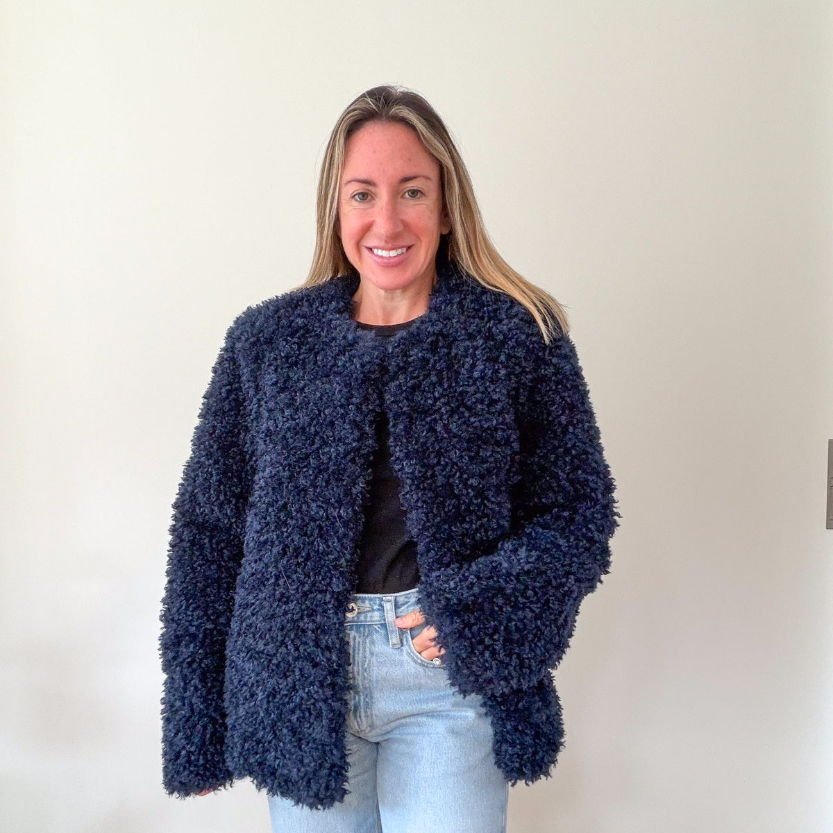 Aligne Francie navy faux shearling jacket worn, front view