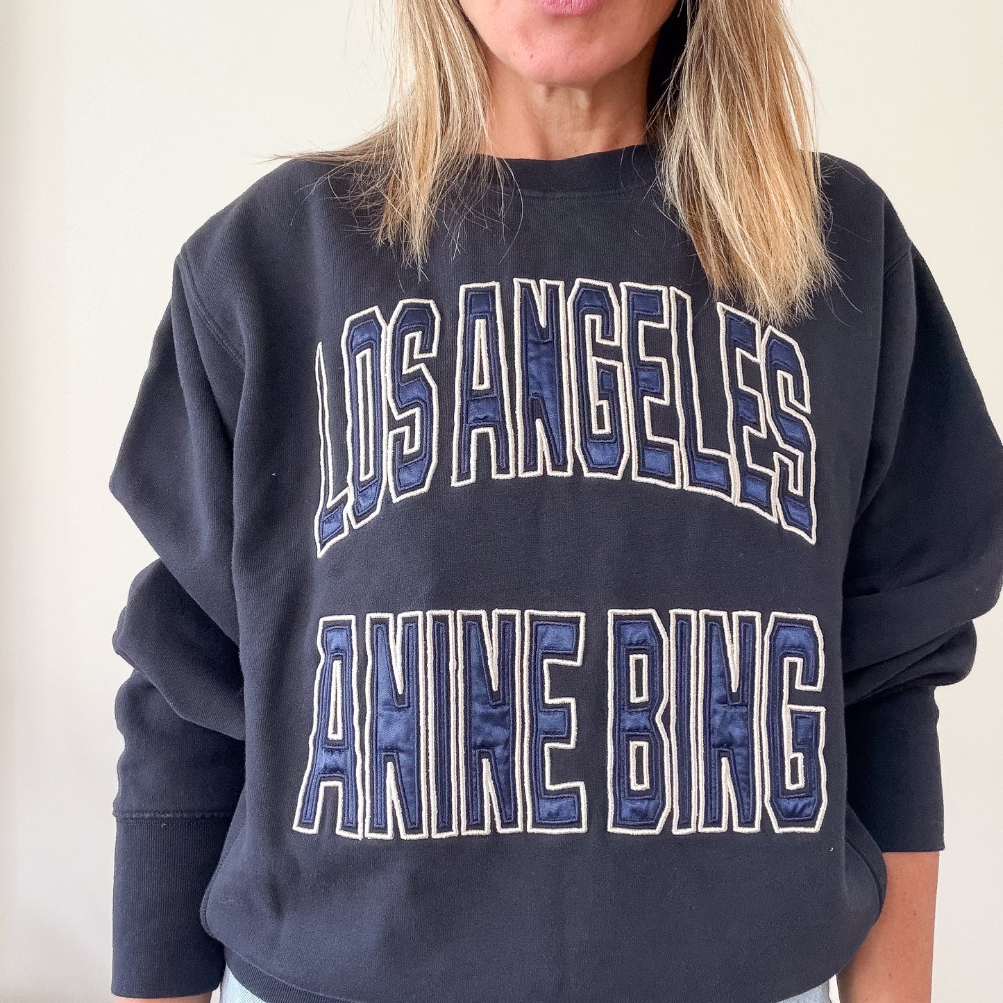 Anine Bing sweatshirt — close-up of Los Angeles graphic