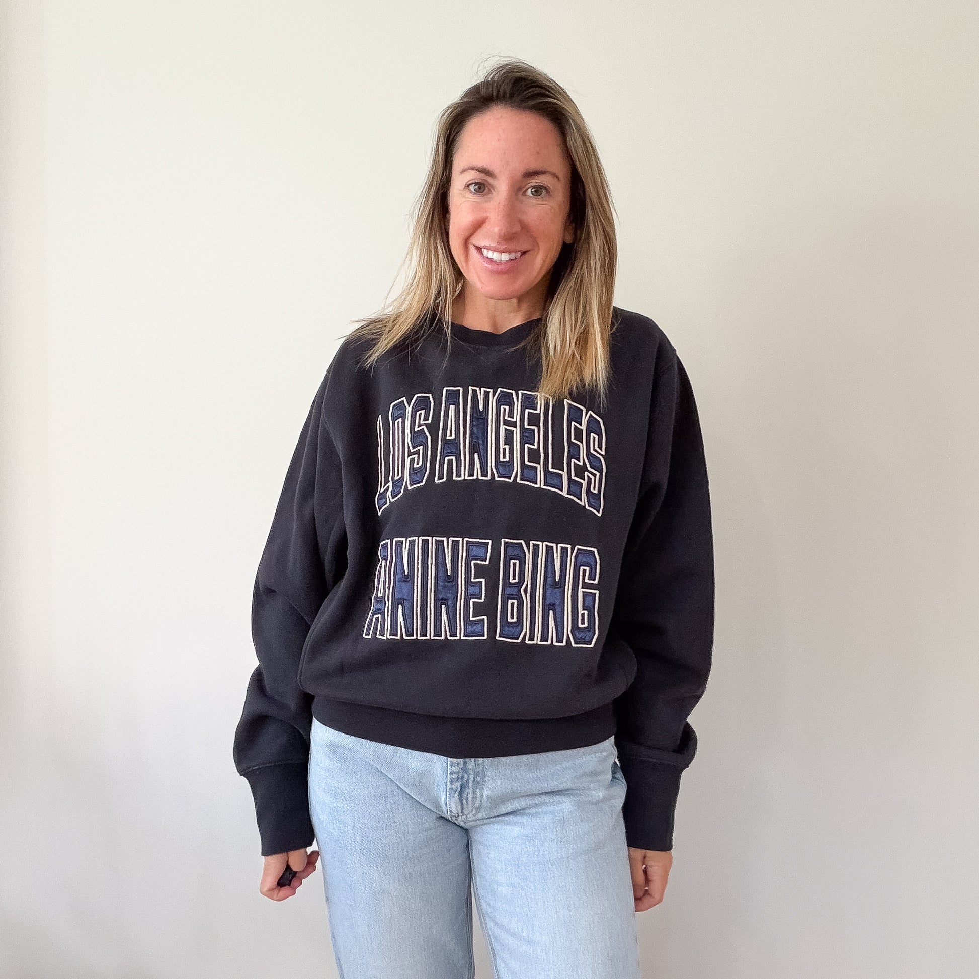 Anine Bing Shrunken Harry sweatshirt — front view, satin patch lettering detail