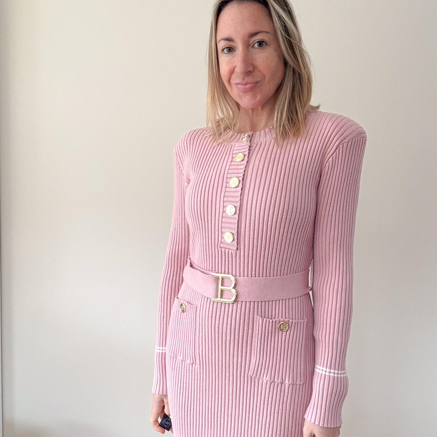 Balmain Pink Ribbed Knit Belted Dress - Size S