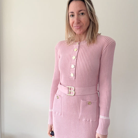 Balmain Pink Ribbed Knit Belted Dress - Size S