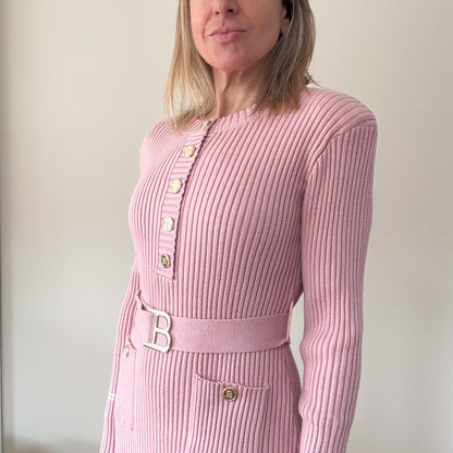 Balmain Pink Ribbed Knit Belted Dress - Size S