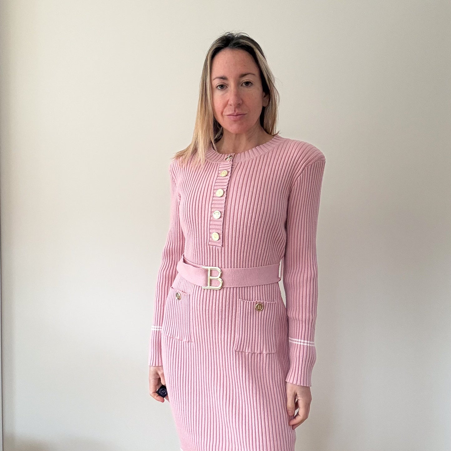 Balmain Pink Ribbed Knit Belted Dress - Size S