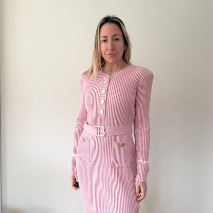 Balmain Pink Ribbed Knit Belted Dress - Size S