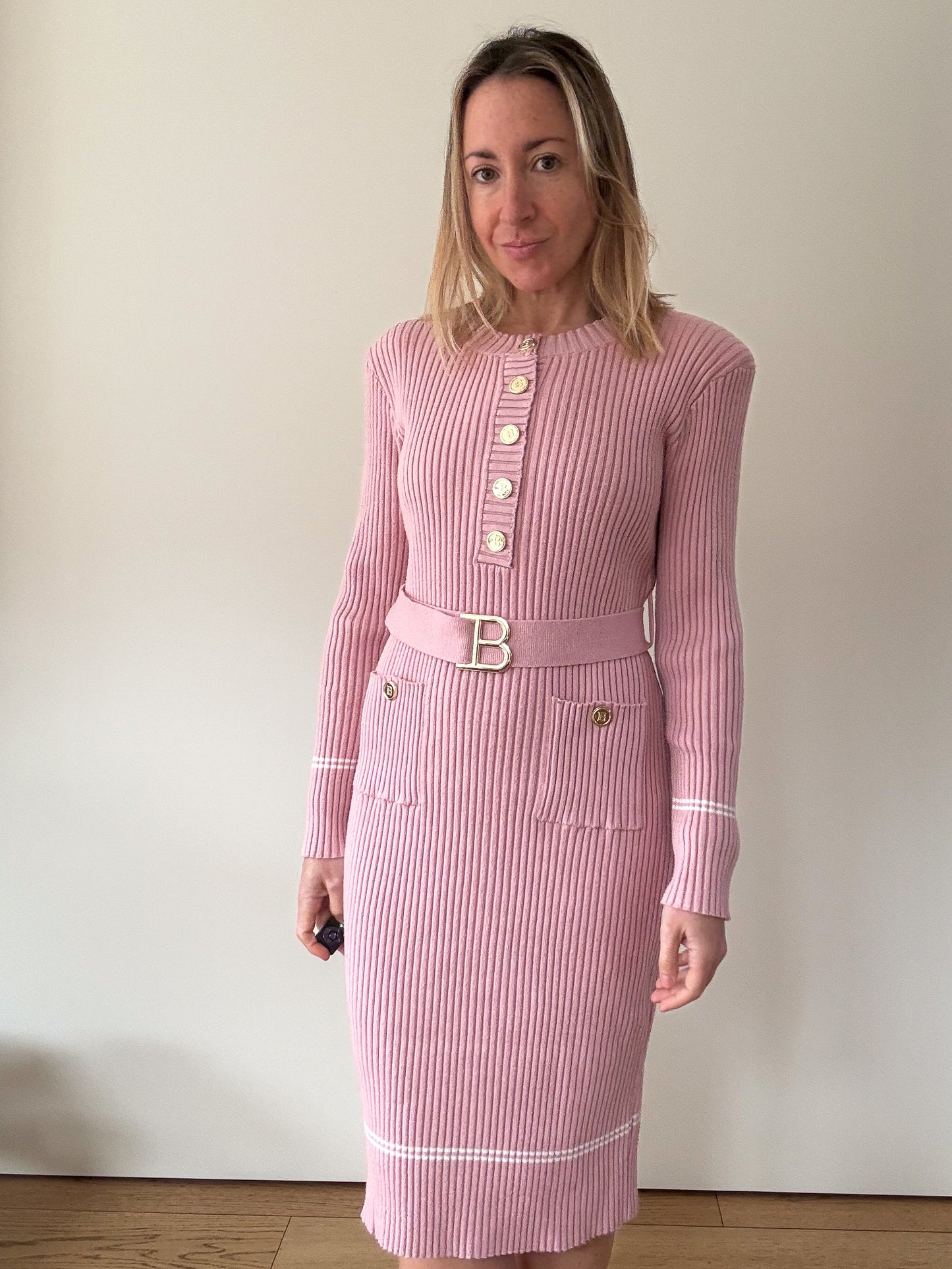 Balmain Pink Ribbed Knit Belted Dress - Size S