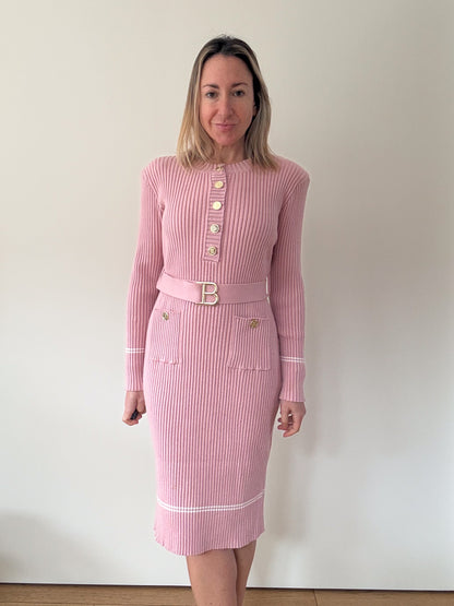 Balmain Pink Ribbed Knit Belted Dress - Size S