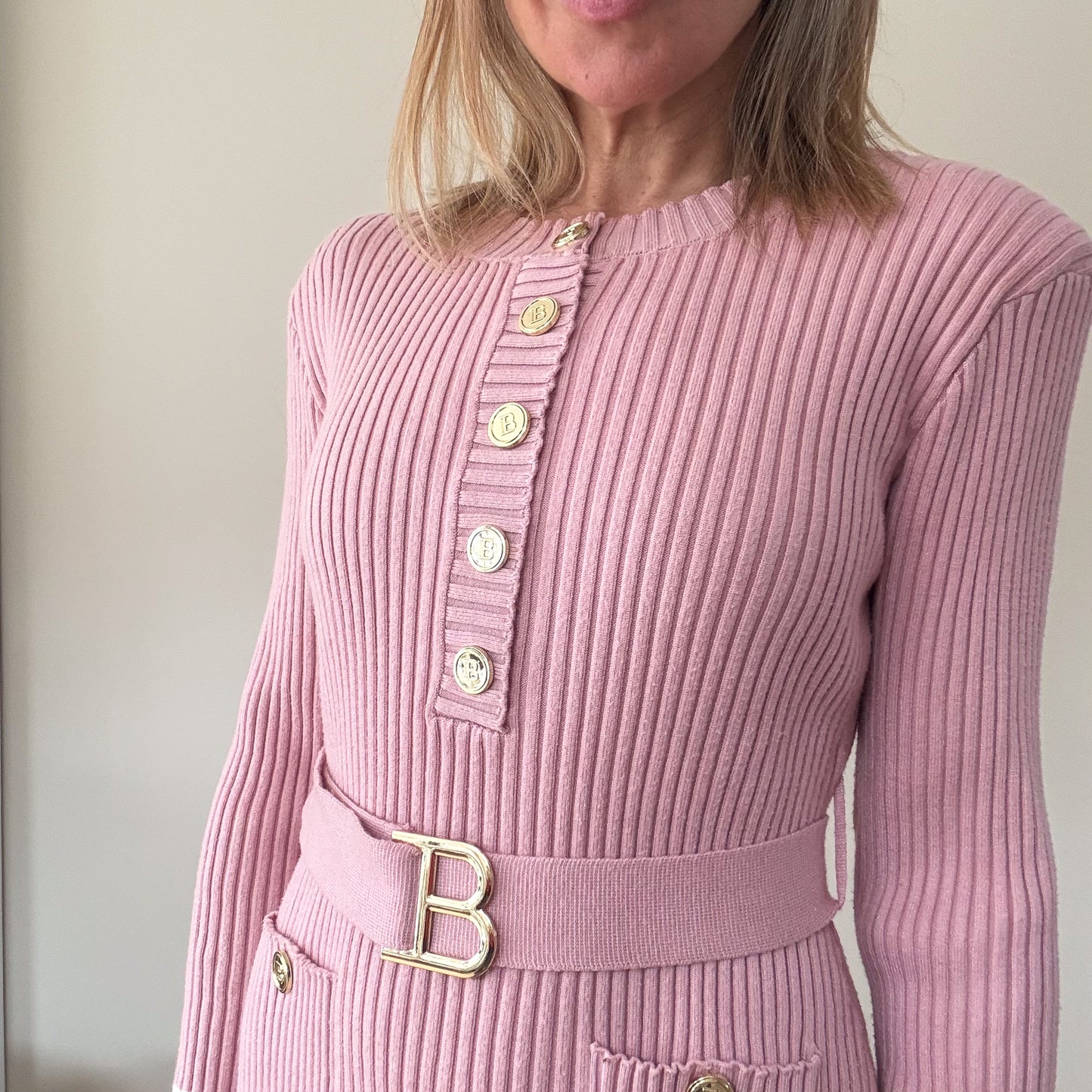 Balmain Pink Ribbed Knit Belted Dress - Size S
