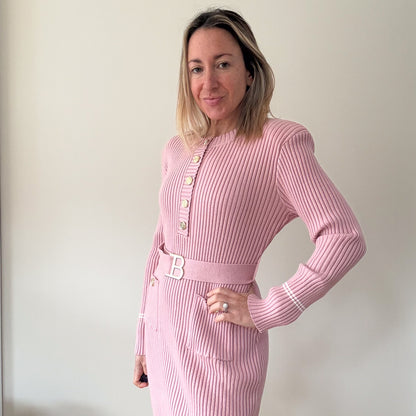 Balmain Pink Ribbed Knit Belted Dress - Size S