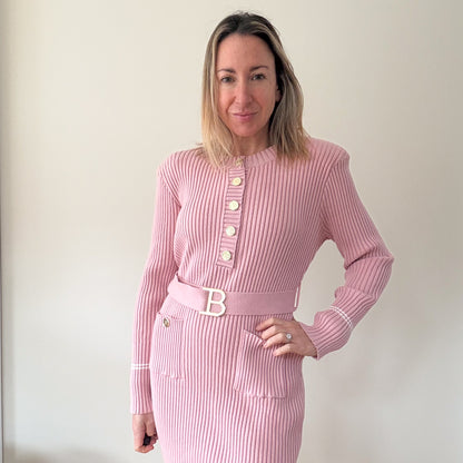 Balmain Pink Ribbed Knit Belted Dress - Size S