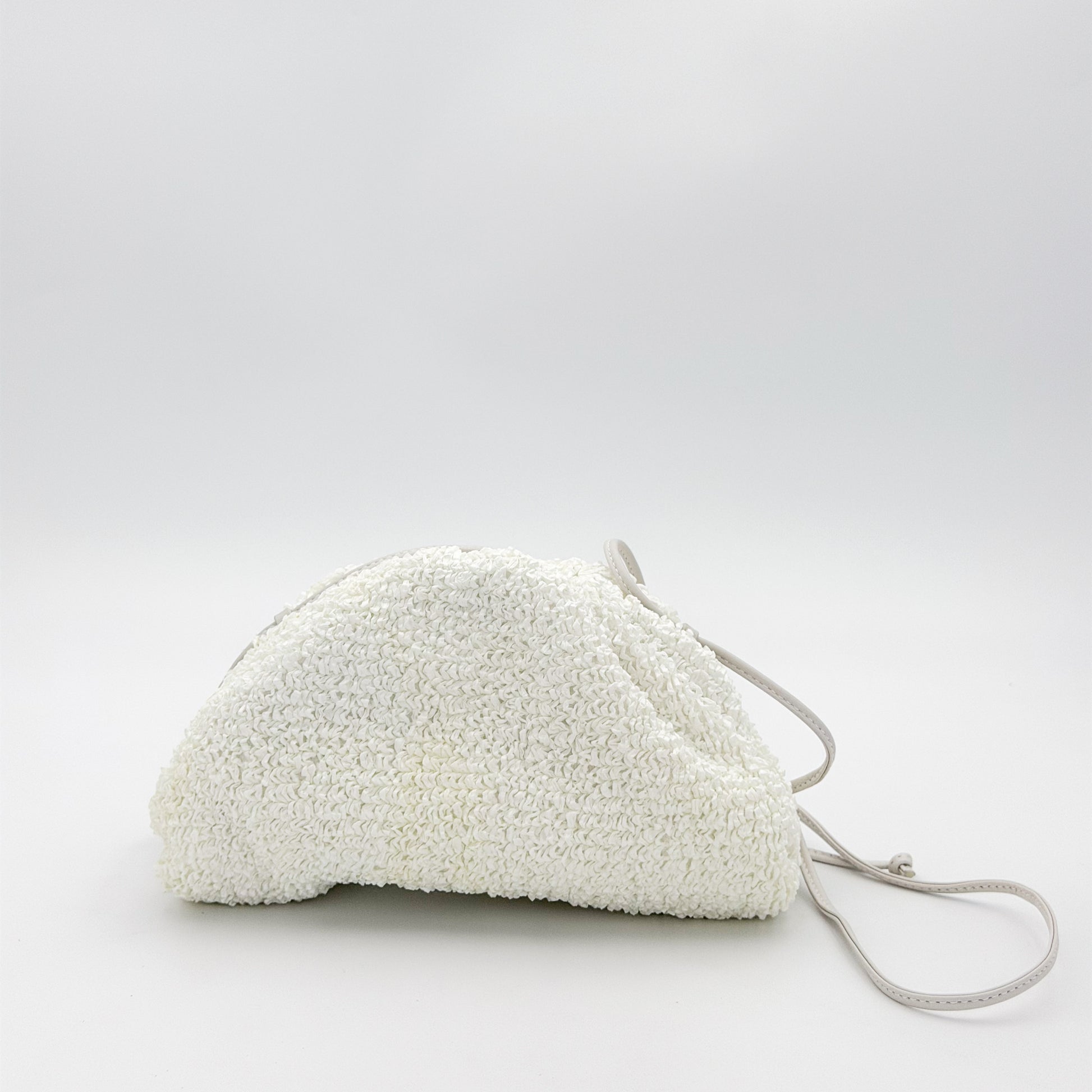 Bottega Veneta raffia pouch front view showing texture and strap