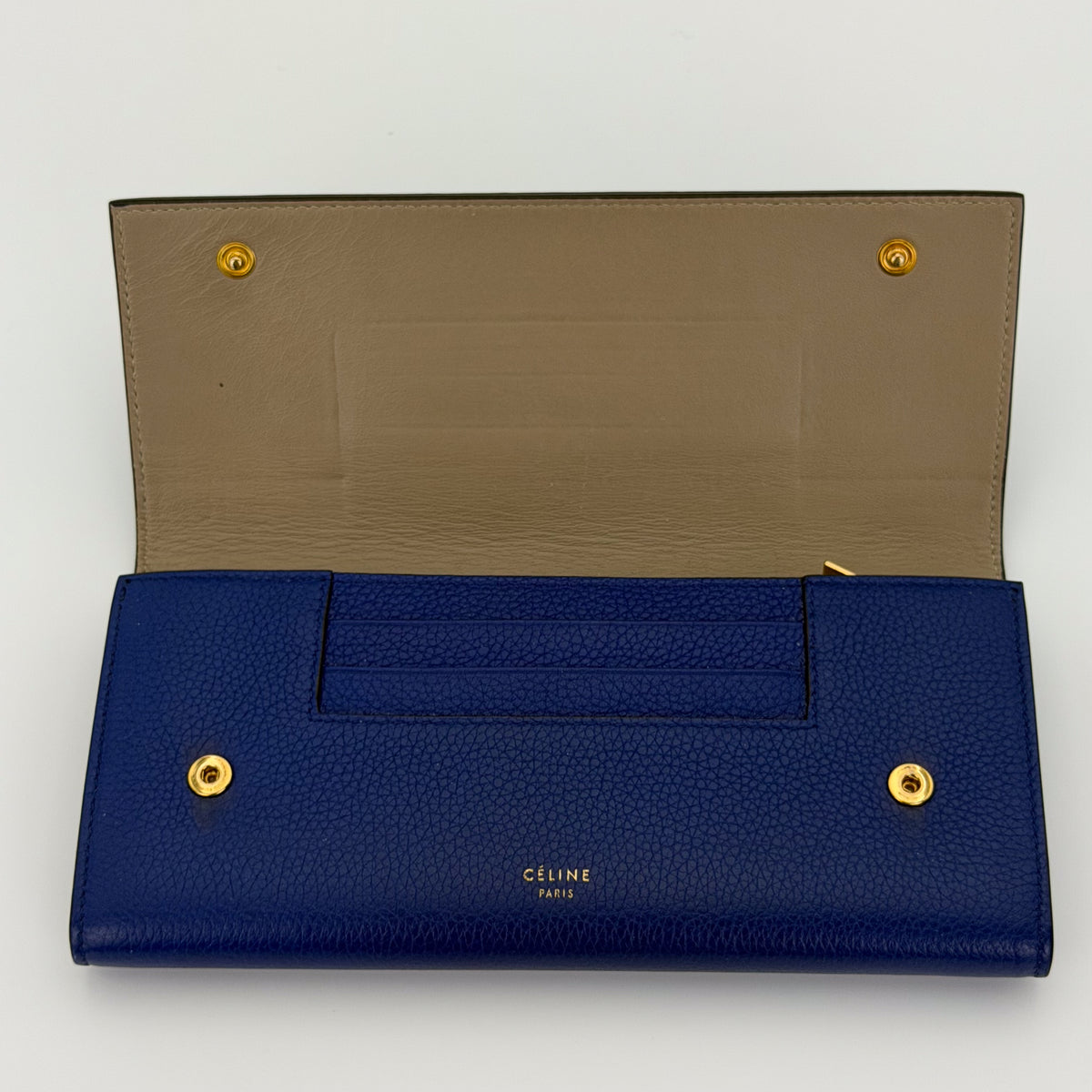 Céline Large Flap Wallet – flap open, showing taupe leather interior