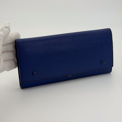 Céline cobalt blue grained calfskin wallet – side profile, closed flap