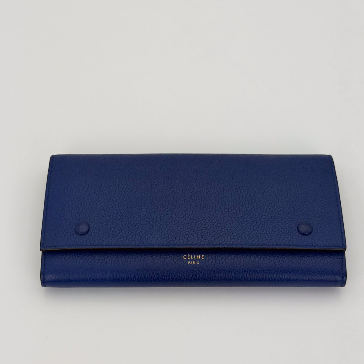 Céline Cobalt Blue Large Flap Wallet – front view, flap closed