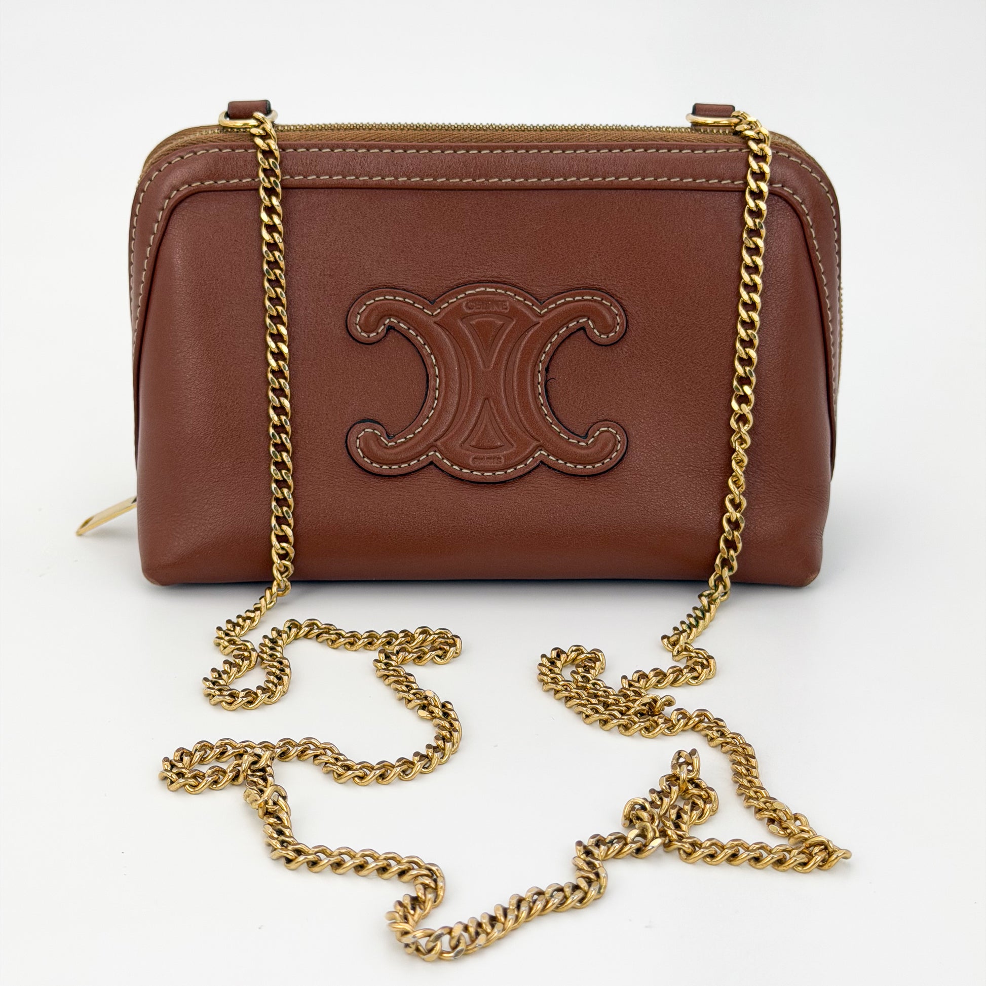 Preloved Celine Triomphe tan leather chain bag gold hardware front view