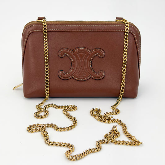 Preloved Celine Triomphe tan leather chain bag gold hardware front view
