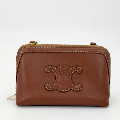 Used Celine Cuir Triomphe tan calfskin clutch on chain embossed logo front detail