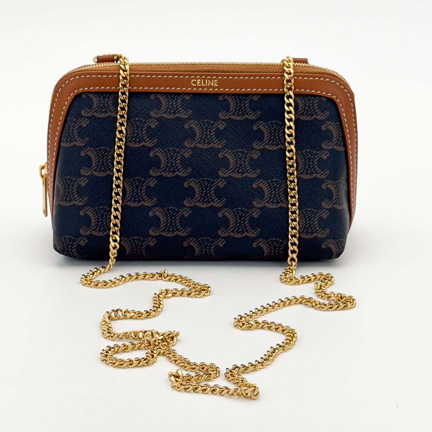 Celine Triomphe clutch on chain front view with gold chain strap