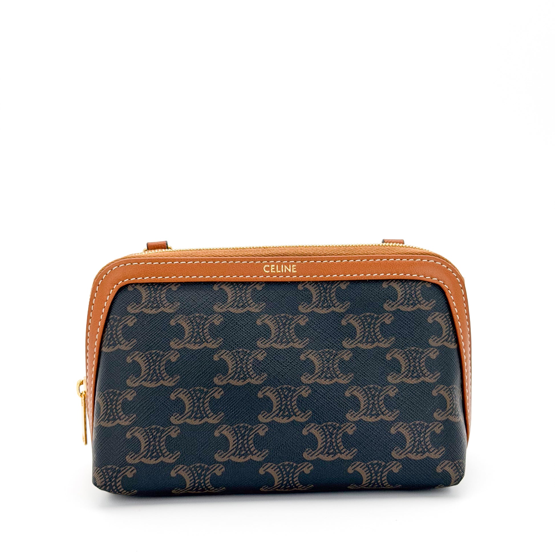 Brand new unworn Celine Triomphe clutch interior view showing fabric lining and chain