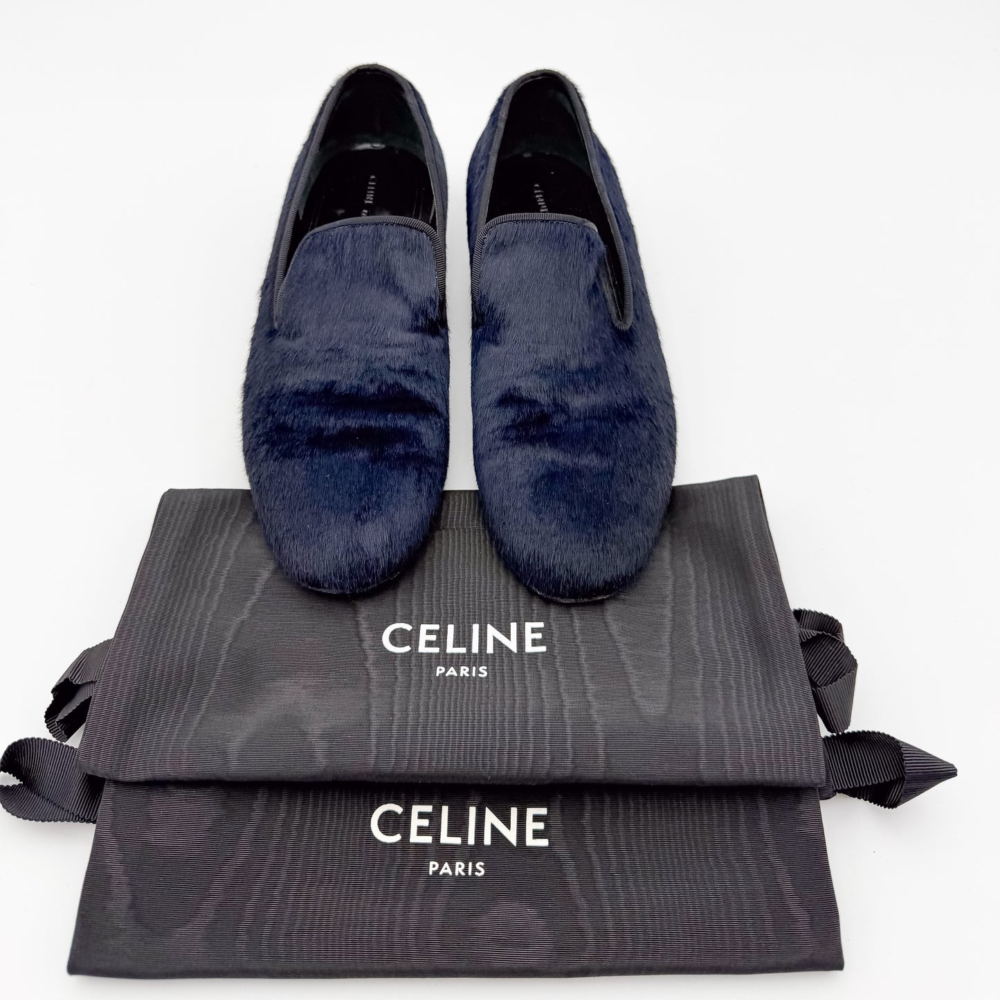 Celine Navy Pony Hair Flat Loafers - Size 36