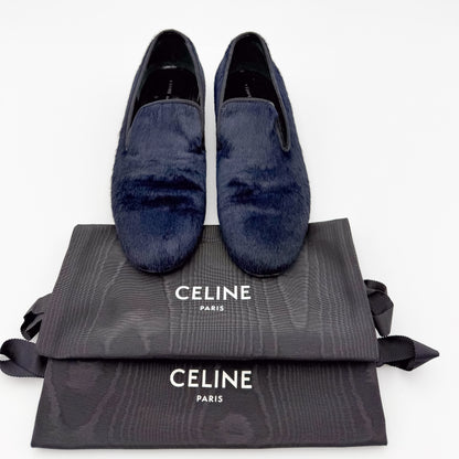 Celine Navy Pony Hair Flat Loafers - Size 36