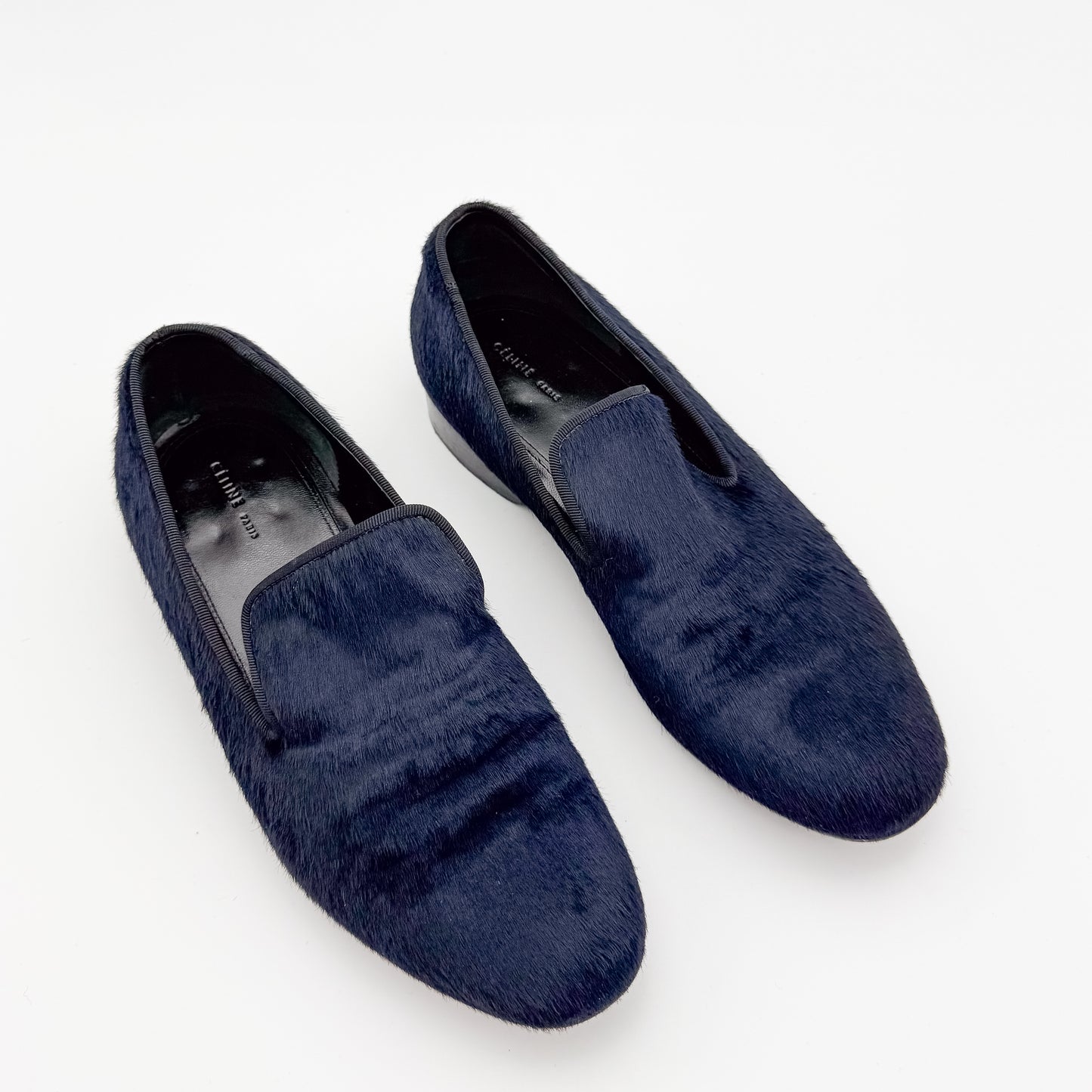 Celine Navy Pony Hair Flat Loafers - Size 36