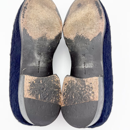Celine Navy Pony Hair Flat Loafers - Size 36