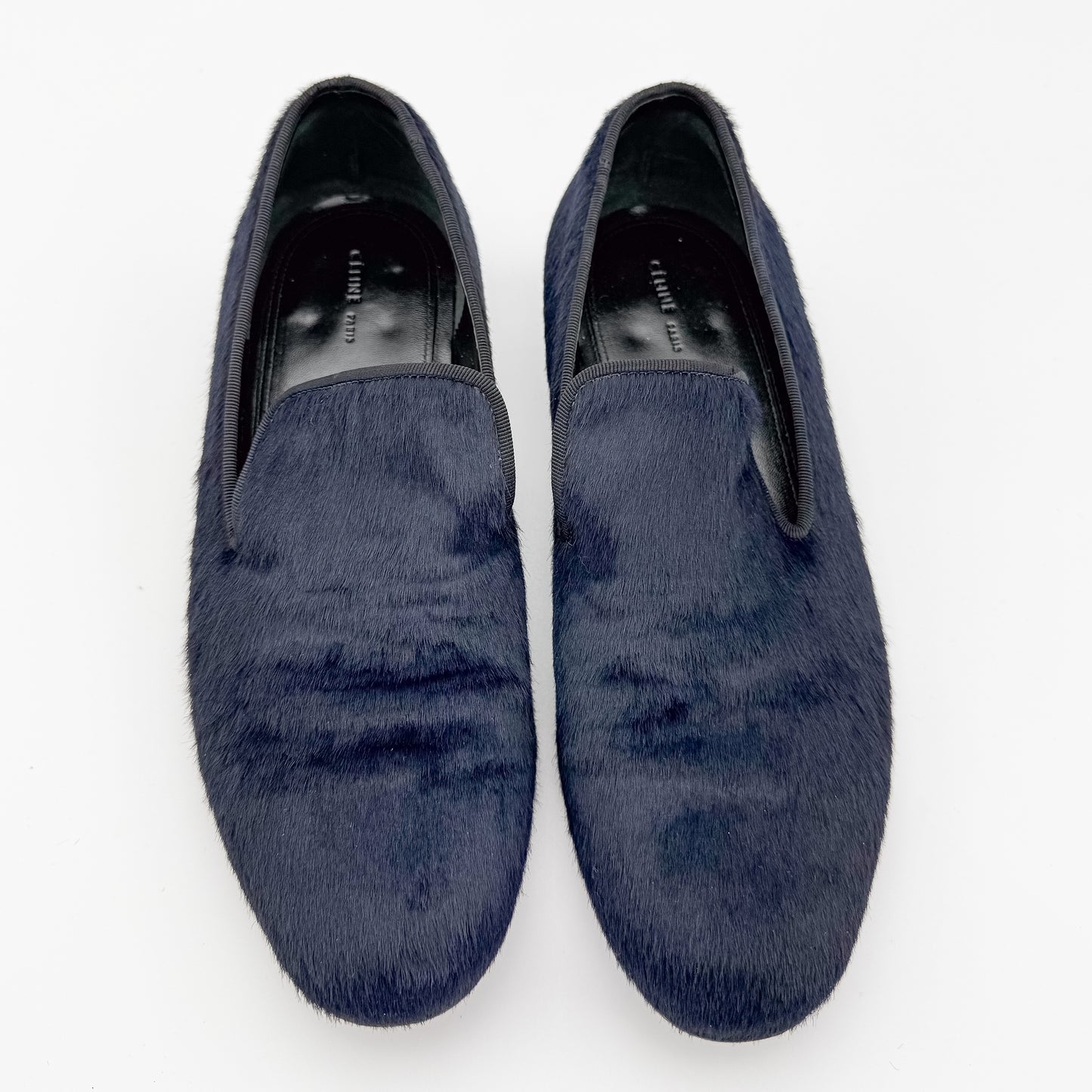Celine Navy Pony Hair Flat Loafers - Size 36