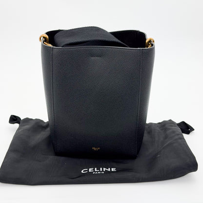 Celine black Seau Sangle bucket bag - front view with strap and dustbag