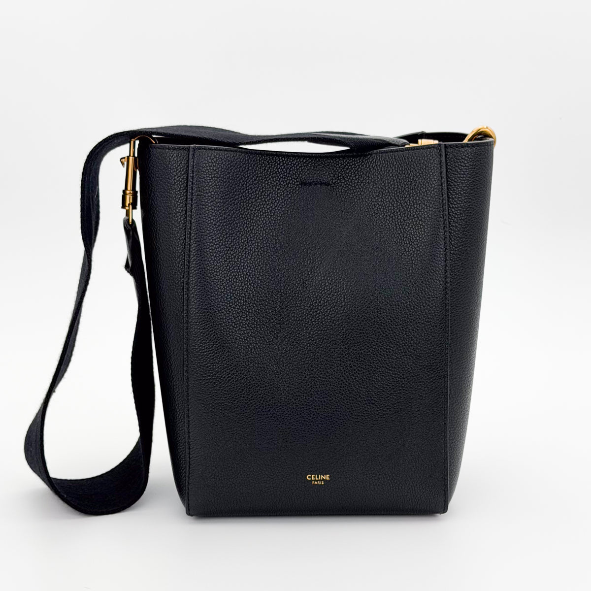 Celine black Seau Sangle bucket bag - front view with strap