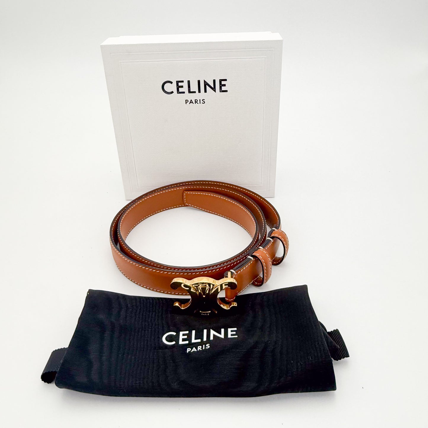 Celine Triomphe Leather Belt Tan with Gold-Tone Buckle
