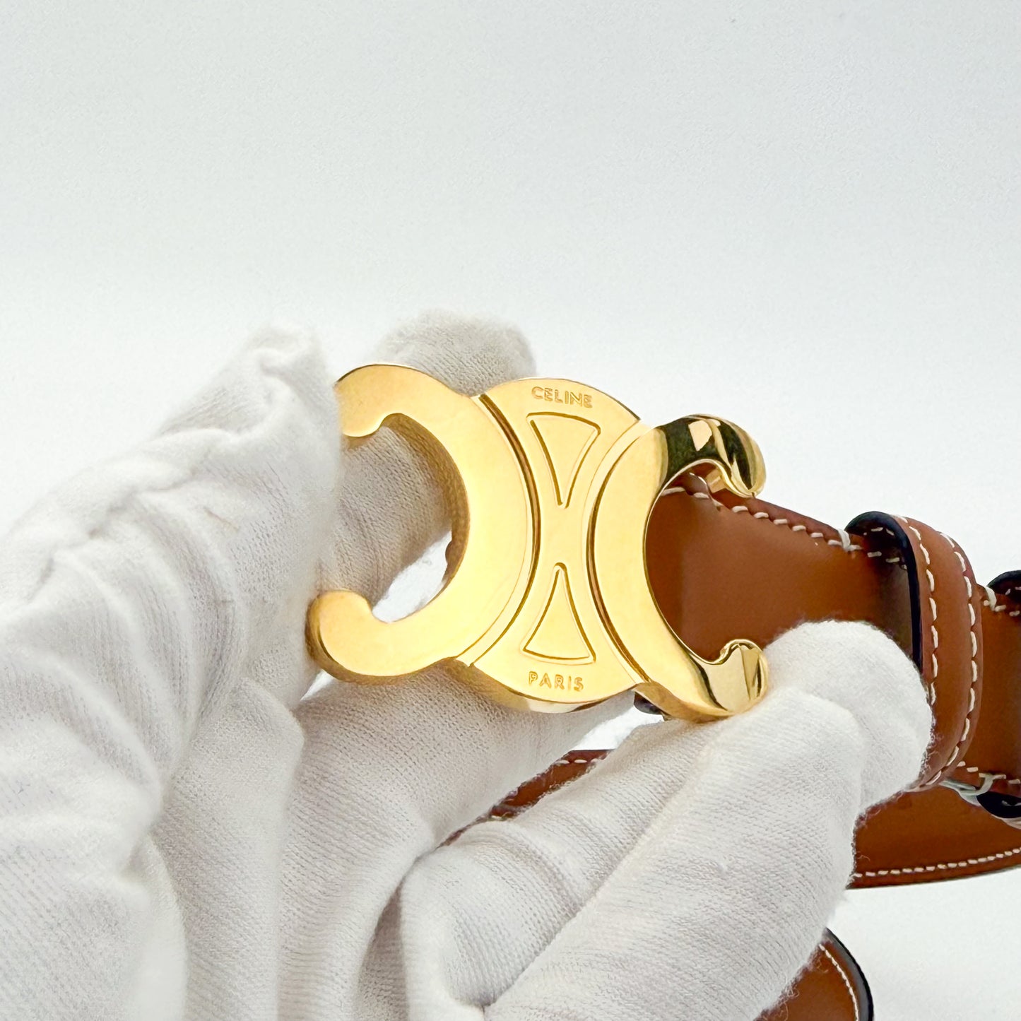 Celine Triomphe Leather Belt Tan with Gold-Tone Buckle